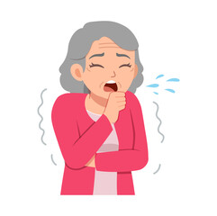 Elderly Asian Woman Coughing into Her Hand Feeling Unwell Showing Symptoms of Sickness and Illness