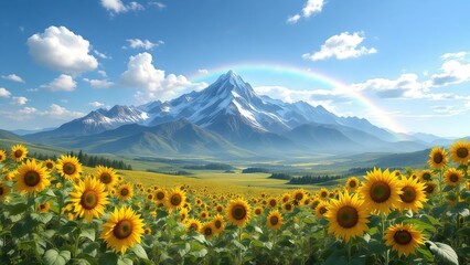 Fototapeta premium Sunlit Field of Sunflowers Under Majestic Snow Capped Mountains with Rainbow