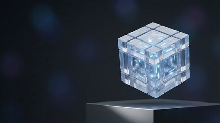 Abstract Crystal Cube Floating Above Dark Pedestal.
