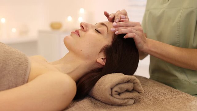 Beautiful woman wrapped in towel receiving facial massage on couch indoors, closeup