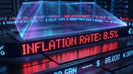 Digital display shows inflation rate at 8.5 with stock market data in background.