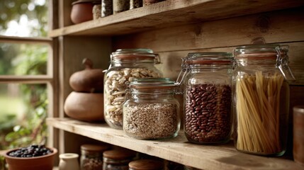 Organized kitchen pantry showcasing dry food staples in reusable glass jars on rustic wooden shelves