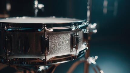 Detailed chrome snare drum rim with intricate textured casing, a musical instrument part showcased