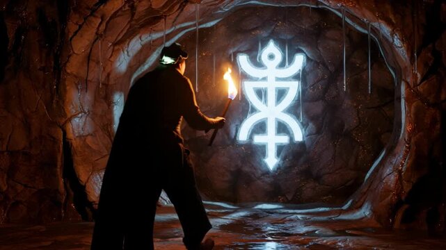 Man holds torch, exploring dark cave with strange glowing symbol. Ancient power, unknown civilization, and paranormal discovery.