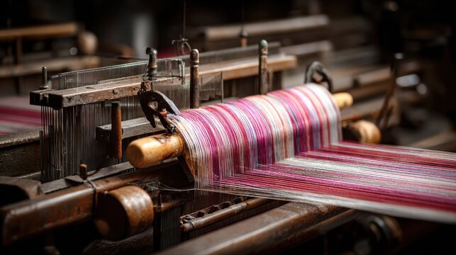 machines interlacing threads into fabric rolls on blurred background 