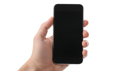 A close-up of a hand holding a black smartphone against a white background