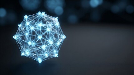 Abstract glowing blue geometric network structure with bokeh background.