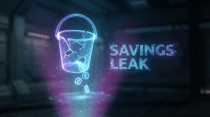 Holographic 3D Visualization of Savings Leak Concept with Falling Coins.