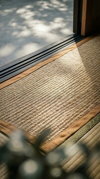 Close up of Japanese tatami mat with natural sunlight and shadow