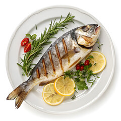 Grilled fish with lemon and herbs on white plate