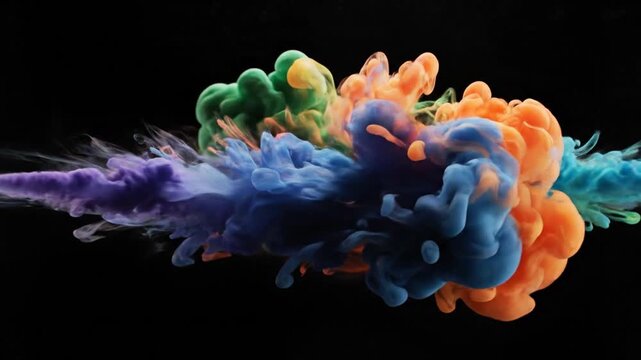 Vibrant colorful smoke clouds exploding in mid-air, viewed from a front perspective, showcasing dynamic abstract shapes and colors