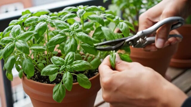 A pair of hands uses garden shears to carefully prune a lush green basil plant in a terracotta pot, highlighting a moment of gardening care.