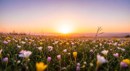 Naklejka premium Vibrant flowers swaying gently in a field at sunrise