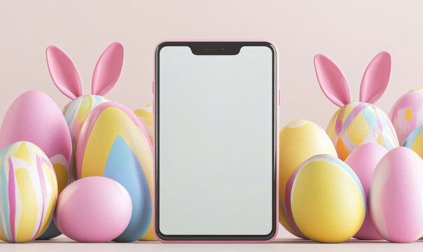 Mock up big phone screen and colorful easter eggs with bunny ears, phone, easter, online, shopping, holiday, celebration, decoration, three-dimensional, easter egg. Copy space for banner.