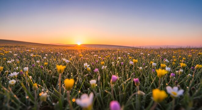 Sunset over a vibrant meadow with wildflowers swaying gently in the breeze