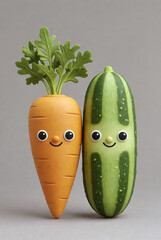 Cute 3D Carrot and Cucumber Cartoon Characters Isolated on Neutral Background