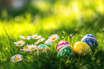 Fototapeta premium A serene and picturesque scene of an Easter celebration featuring vibrant, blooming daisies alongside colorful decorative eggs nestled within the lush green grass, bathed in gentle sunlight