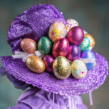 Joyful Easter bonnet decorated with colorful glittery Easter eggs for a whimsical purple Easter scene