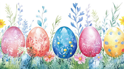 Fototapeta premium Colorful watercolor Easter eggs arrangement with floral motifs for festive decoration, easter background