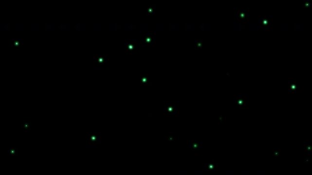 Emerald Green fireflies loop, magic forest glowing particles on black background