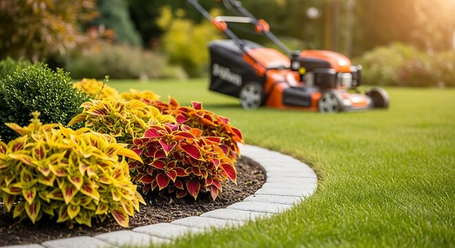 Colorful shrubs and lawn mower on green grass in garden with brick edging outdoor