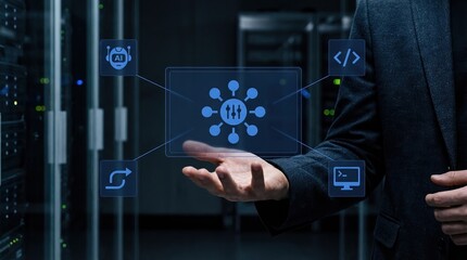 Fototapeta premium AI, Artificial Intelligence, Data Center, Technology, Server, Cloud Computing, Business concept with businessman managing digital automation icons and IT infrastructure in dark room.