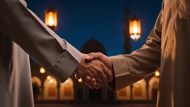 Two men in traditional attire shaking hands in front of a mosque during Ramadan Kareem and Eid Mubarak celebrations at dusk with lanterns aglow, capturing spirituality, community, harmony, and faith.