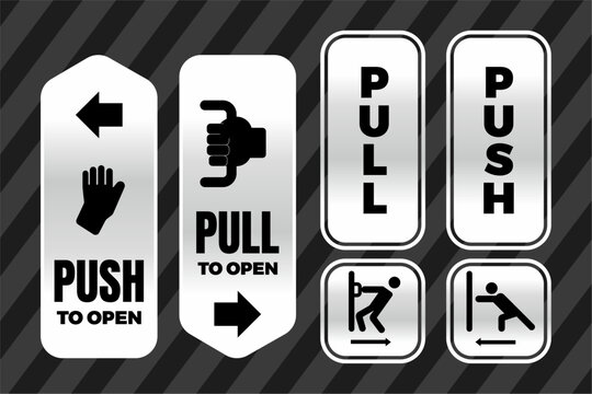 Silver push and pull door signs with arrows and icons, ideal for offices, shops, public facilities, and commercial buildings. Design Illustration