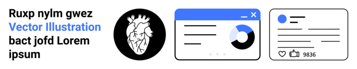 Data analysis, digital interfaces, user profiles, social media, medical education, design templates. Abstract web dashboard, heart diagram and user interaction icon. Data analysis and digital