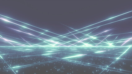 青緑色のデジタルな地平線と広がる光の粒子の空間