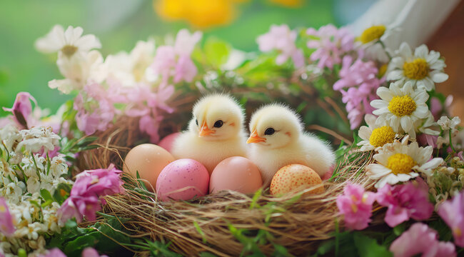 easter eggs festive decorations. Baby Chicks Surrounded by Flowers in Spring a Celebration of New Beginnings and Renewal.