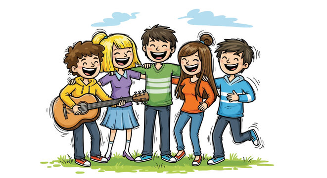 A diverse group of five young friends, smiling and laughing together, enjoying a moment of camaraderie outdoors.