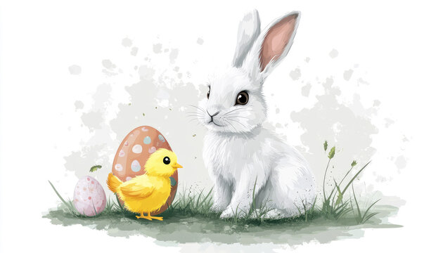 White bunny rabbit, yellow chick, Easter eggshell background, illustration, design