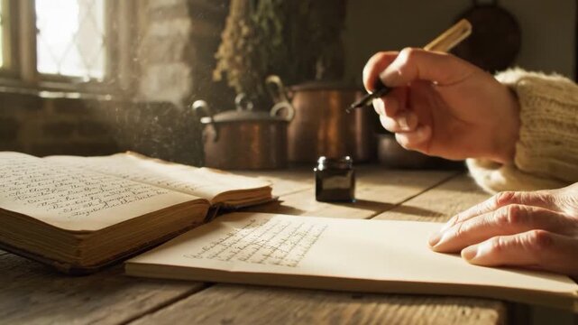 A person is writing in a notebook with a pen, near an open book. Warm, serene setting inspired by sunlight streaming through a window.