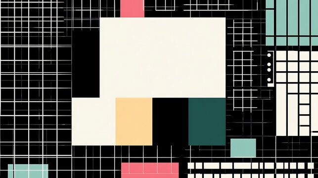 Abstract Geometric Composition with Black Grid and Color Blocks