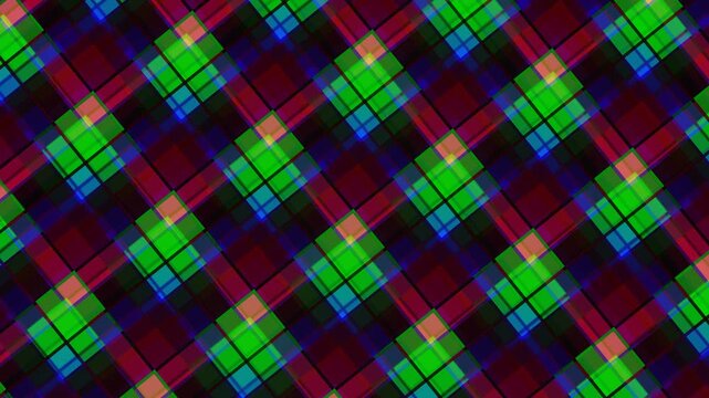 A mesmerizing abstract geometric pattern featuring intersecting diagonal lines forming a plaid or tartan design. Vibrant neon colors like red green and blue overlay dark squares