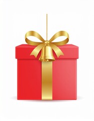Obraz premium Red Christmas gift box with golden bell accessory on top, realistic vector