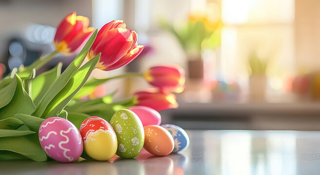 Spring tulips and colorful easter eggs on blurred kitchen counter