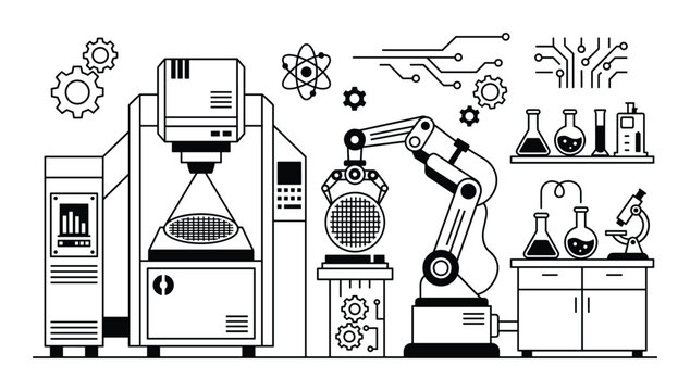 Outline icons of factory for semiconductor production, lab equipment and chemical laboratory