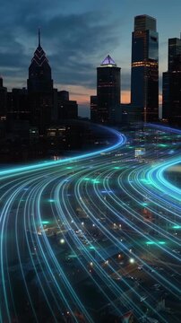 Vertical video of Smart city digital transformation with 5G light bands over urban night skyline. Fast futuristic 6G internet and fiber optic communication