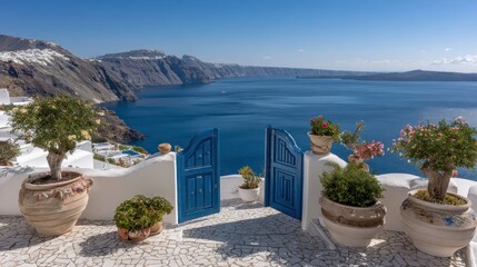 Coastal view with open blue gate overlooking the sea and mountains under clear sky