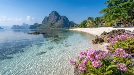 Coastal paradise with crystal clear water and lush landscape on a sunny day