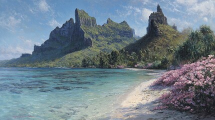 Coastal mountain landscape with turquoise water and sandy beach under sunlight