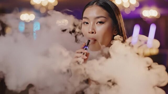 Young woman exhaling a large cloud of vapor from an electronic device in