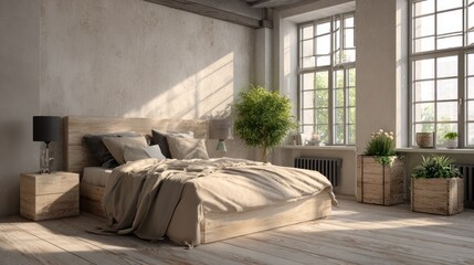 Elegant bedroom interior with sunlight streaming through large windows