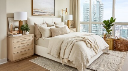 Elegant bedroom interior design with modern bed and window view