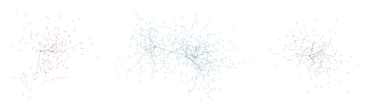 Three abstract networks with red blue and purple nodes and white lines on transparent background