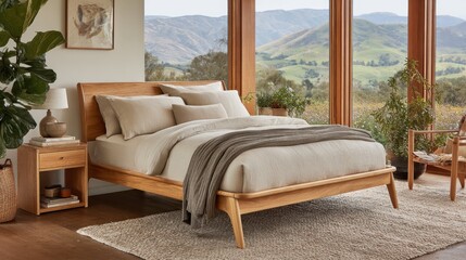 Modern bedroom with wooden bed pillows blanket and window view