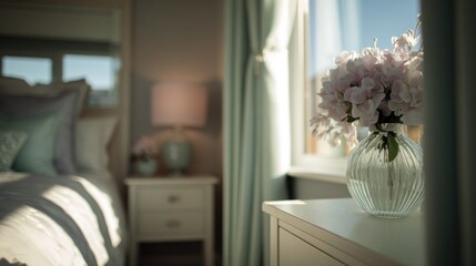 Elegant bedroom interior featuring soft light and floral arrangement