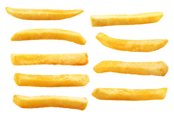 collection of crispy golden french fries isolated on a transparent background, a popular fast food...